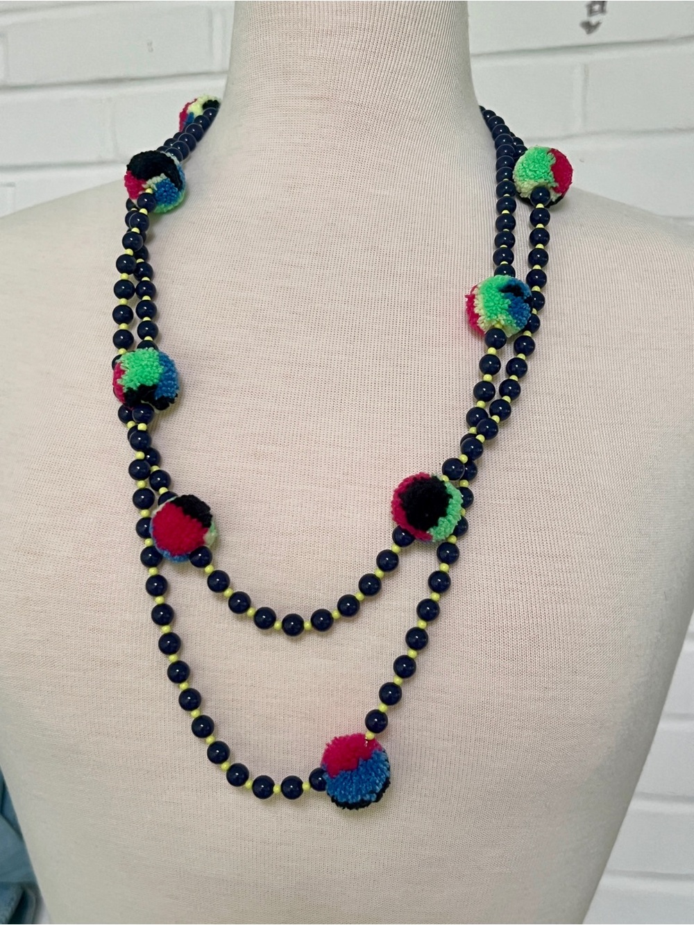 Multicolor Pom Pom Navy Beaded Layered Statement Necklace